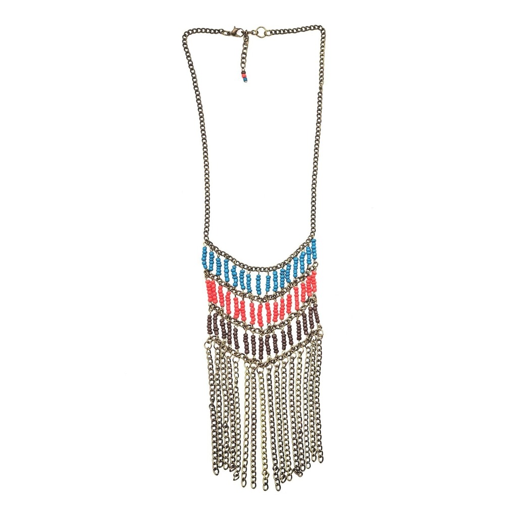 Boho Festival Statement Necklace Beadedโ Fringe Bib Brass Tone Colorblock Chains
